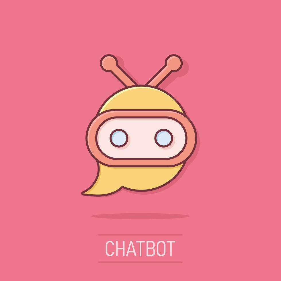 icône de chatbot robot mignon dans le style comique. pictogramme d'illustration de dessin animé de vecteur d'opérateur de bot. effet d'éclaboussure de concept d'entreprise de personnage de chatbot intelligent.