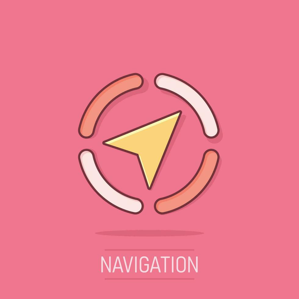 icône de navigation globale dans le style comique. boussole gps vector illustration de dessin animé sur fond blanc isolé. effet d'éclaboussure de concept d'entreprise de découverte d'emplacement.