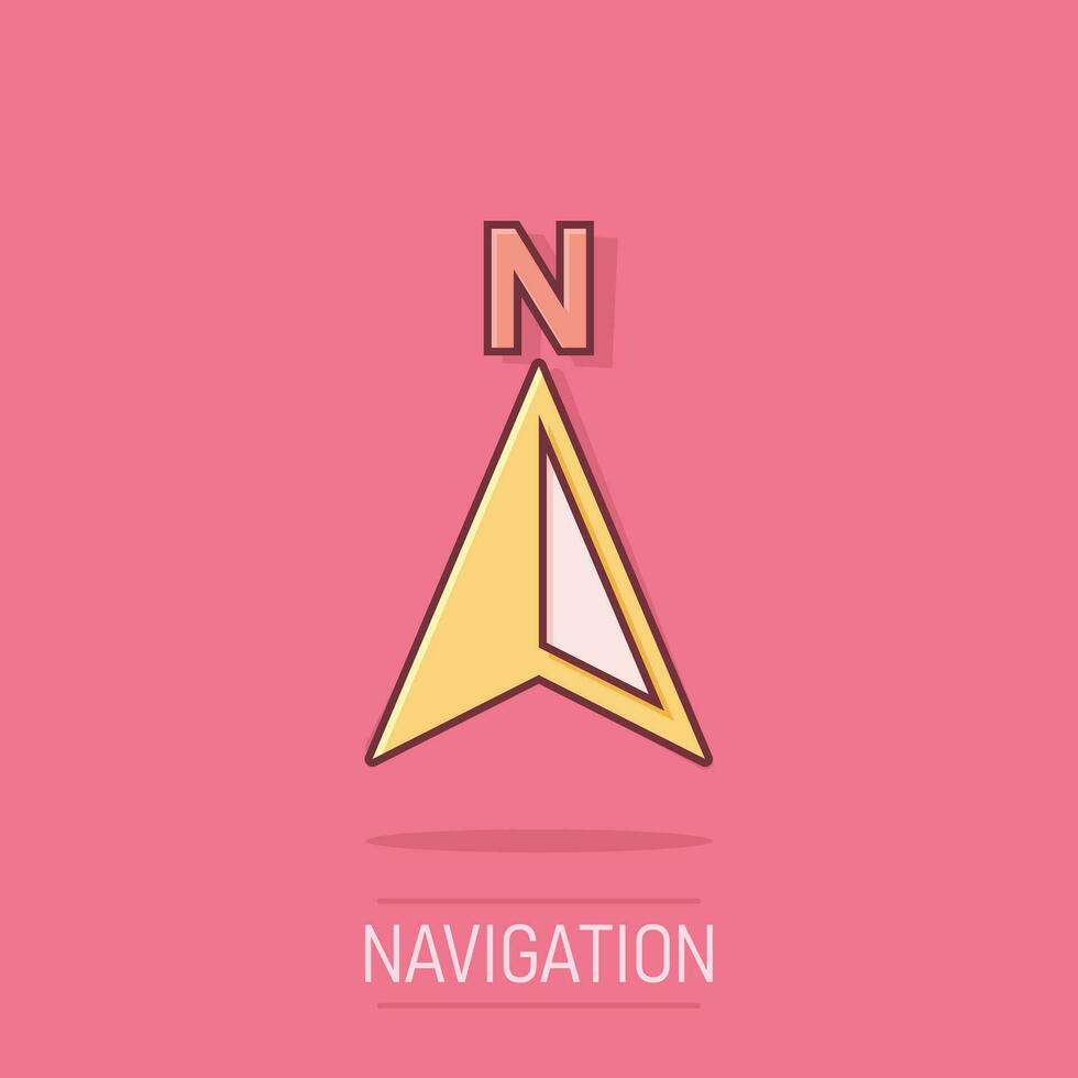 icône de navigation globale dans le style comique. boussole gps vector illustration de dessin animé sur fond blanc isolé. effet d'éclaboussure de concept d'entreprise de découverte d'emplacement.