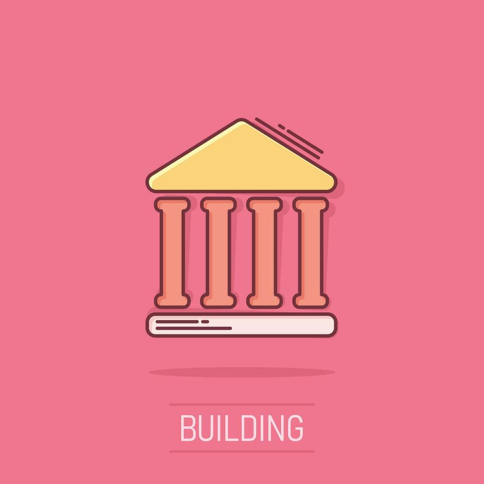 icône de bâtiment de banque dans le style comique. pictogramme d'illustration de dessin animé de vecteur d'architecture gouvernementale. effet d'éclaboussure du concept d'entreprise extérieur du musée.