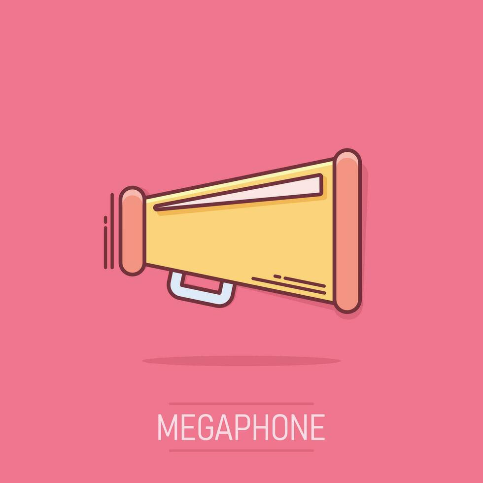 icône de haut-parleur mégaphone dans le style comique. pictogramme d'illustration de dessin animé de vecteur d'annonce audio mégaphone. effet d'éclaboussure de concept d'entreprise de diffusion de mégaphone.