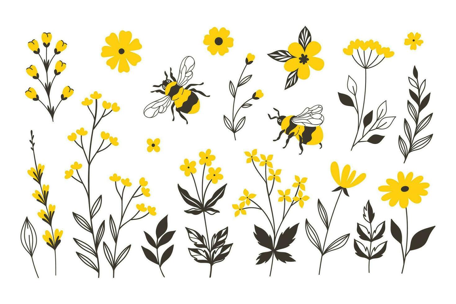 ensemble de les abeilles et Jaune fleurs isoler sur une blanc Contexte. vecteur graphique.