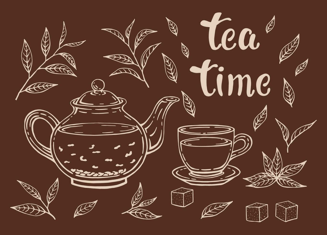 service à thé isolé sur fond blanc. feuilles, théière et tasse. illustration vectorielle dessinée à la main dans le style de contour. vecteur