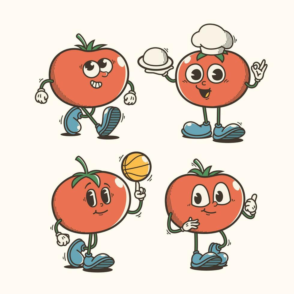 ensemble de traditionnel tomate dessin animé illustration avec varié pose et expressions vecteur