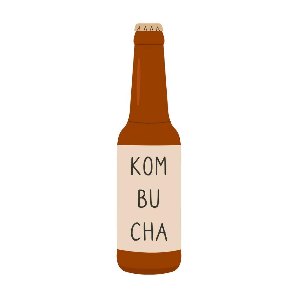 kombucha fermenté probiotique fait maison boire. thé champignon verre bouteille avec étiqueter. en bonne santé biologique boire. plat style main tiré vecteur illustration isolé sur blanc Contexte.