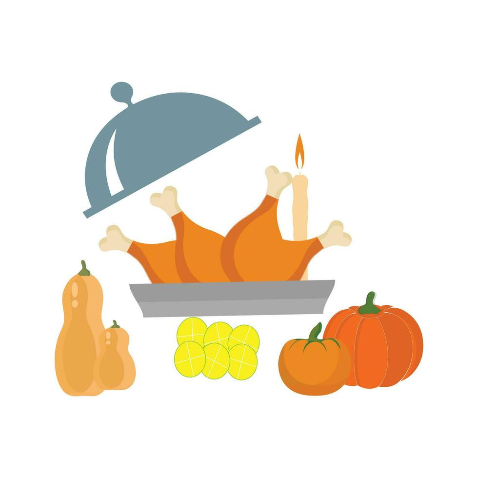 action de grâces Icônes. l'automne éléments avec rôti Turquie. citrouille, pèlerin chapeau, tarte, légumes, des fruits. l'automne vacances saison. vecteur illustration