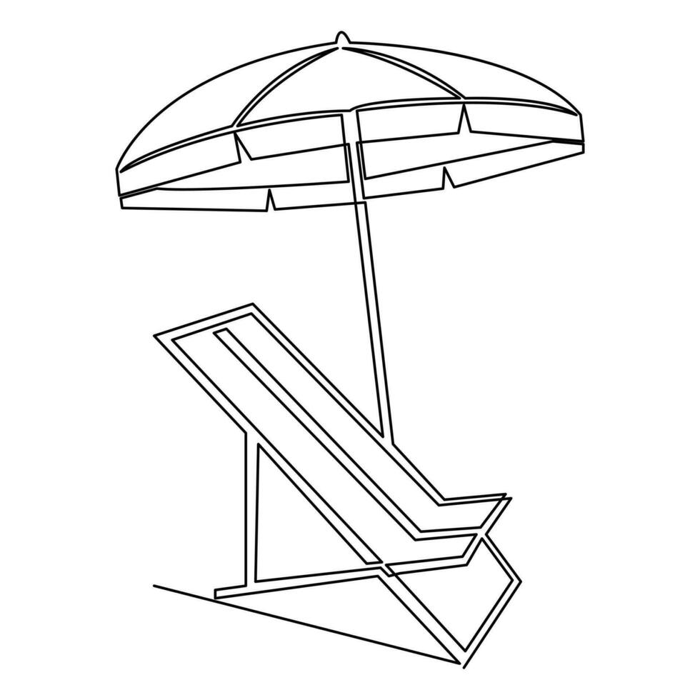 continu Célibataire ligne art dessin de plage parapluie et chaise pour été vacances contour vecteur illustration