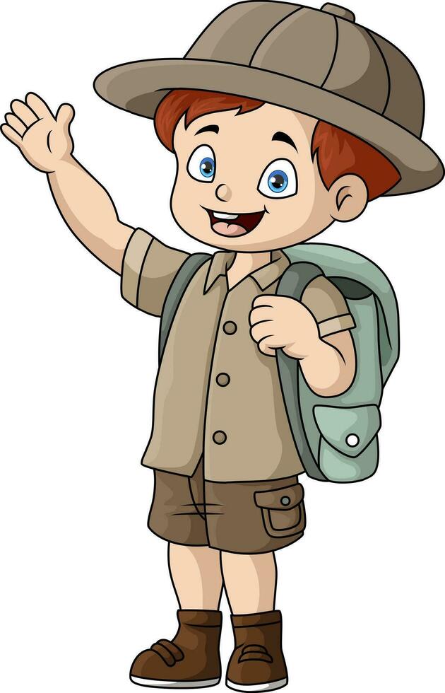 mignonne peu garçon explorateur dessin animé avec sac à dos vecteur