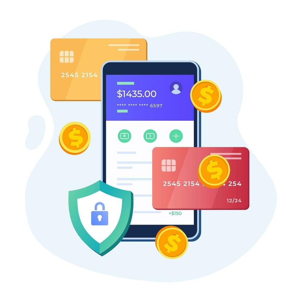 en ligne bancaire concept plat illustration vecteur modèle, sécurise mobile bancaire application, l'Internet argent transfert, banque en ligne, portefeuille électronique, Envoi en cours et recevoir argent, numérique paiement, crédit ou débit carte