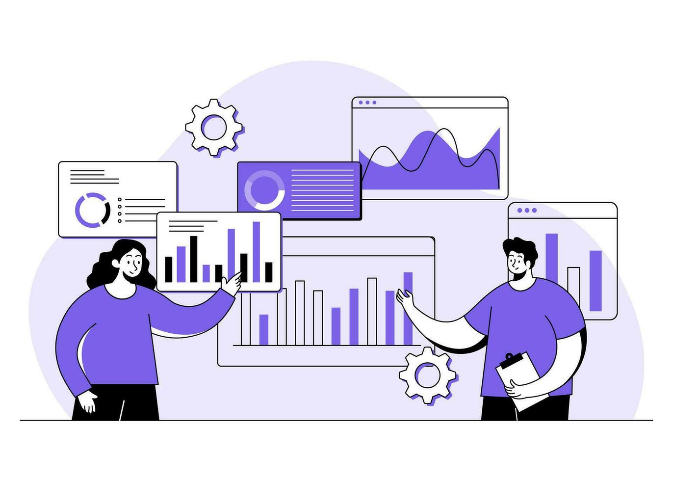 affaires gens à la recherche à graphiques et graphiques de affaires Les données rapport, en cours d'analyse affaires données, affaires Les données analytique, analytique et recherche, financier rapports et investissements vecteur