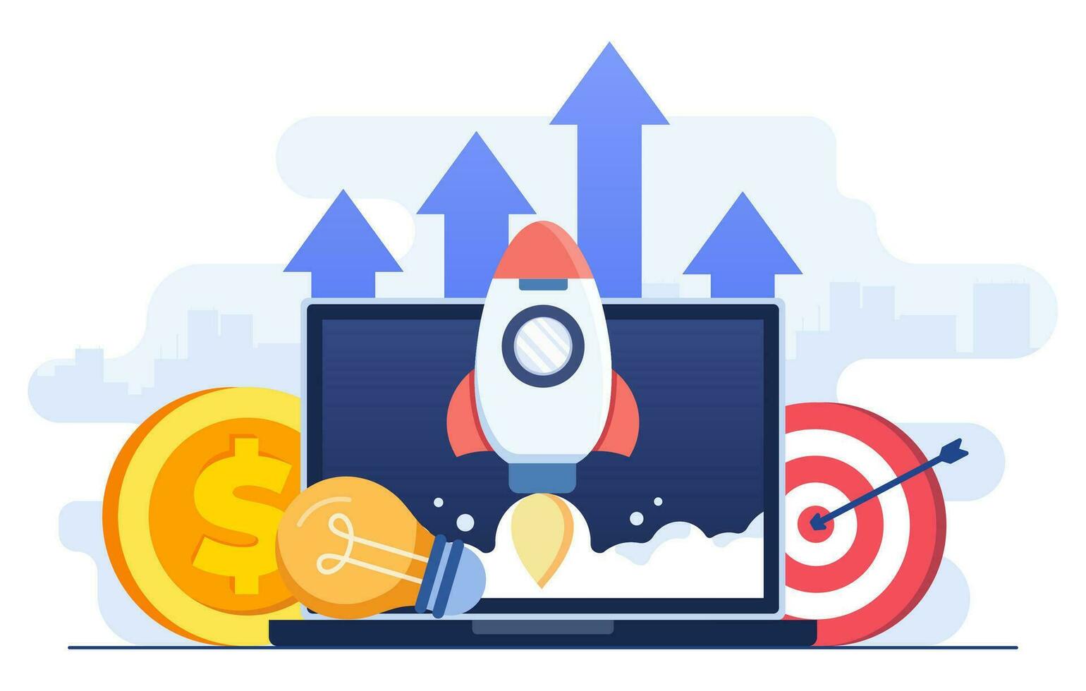 plat vecteur illustration de le fusée avec succès prise de de portable filtrer, Commencez affaires projet, innovation produit, Créatif idée,