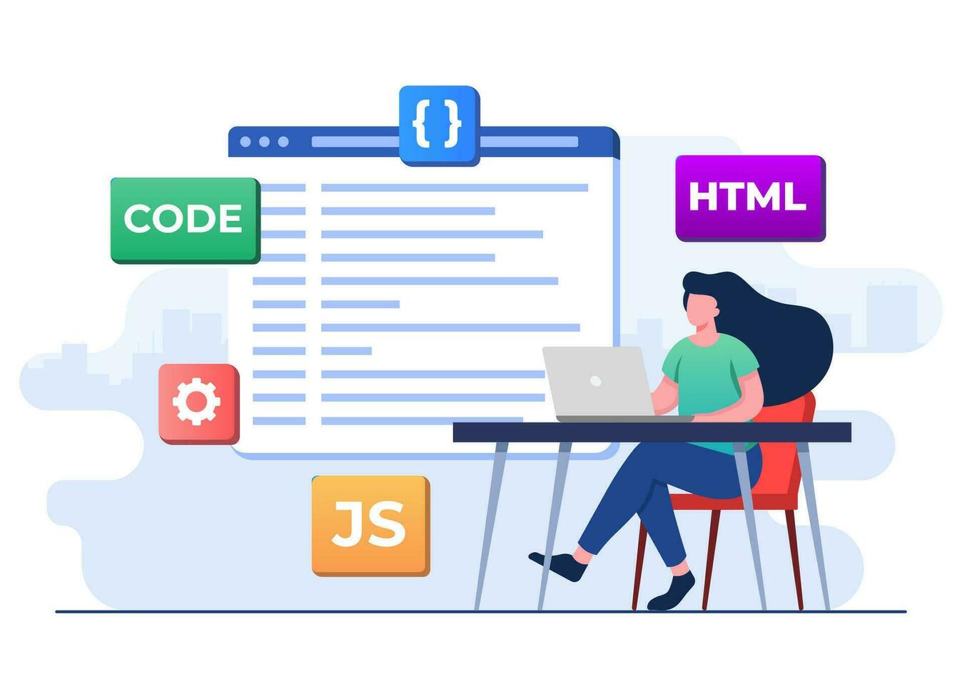 la toile développeur câblage code ou programme en utilisant ordinateur portable, ordinateur la programmation, Java, html symboles, la toile conception, logiciel, application conception, programmation langues, développement, site Internet, programmeur vecteur