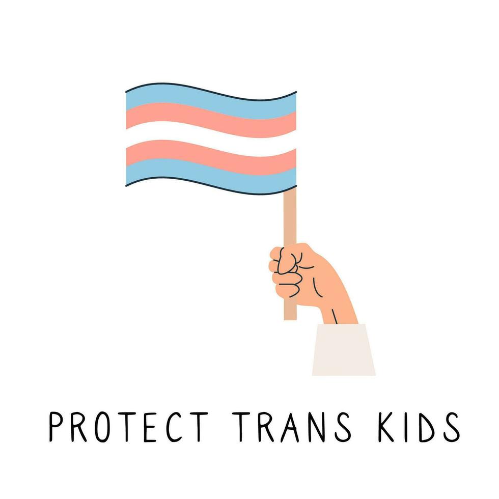 main en portant une transgenres drapeau. carte ou carré bannière pour soutien de lgbtq transsexuel personnes. protéger trans des gamins slogan. le sexe identité et expression. fierté mois. vecteur plat style illustration.