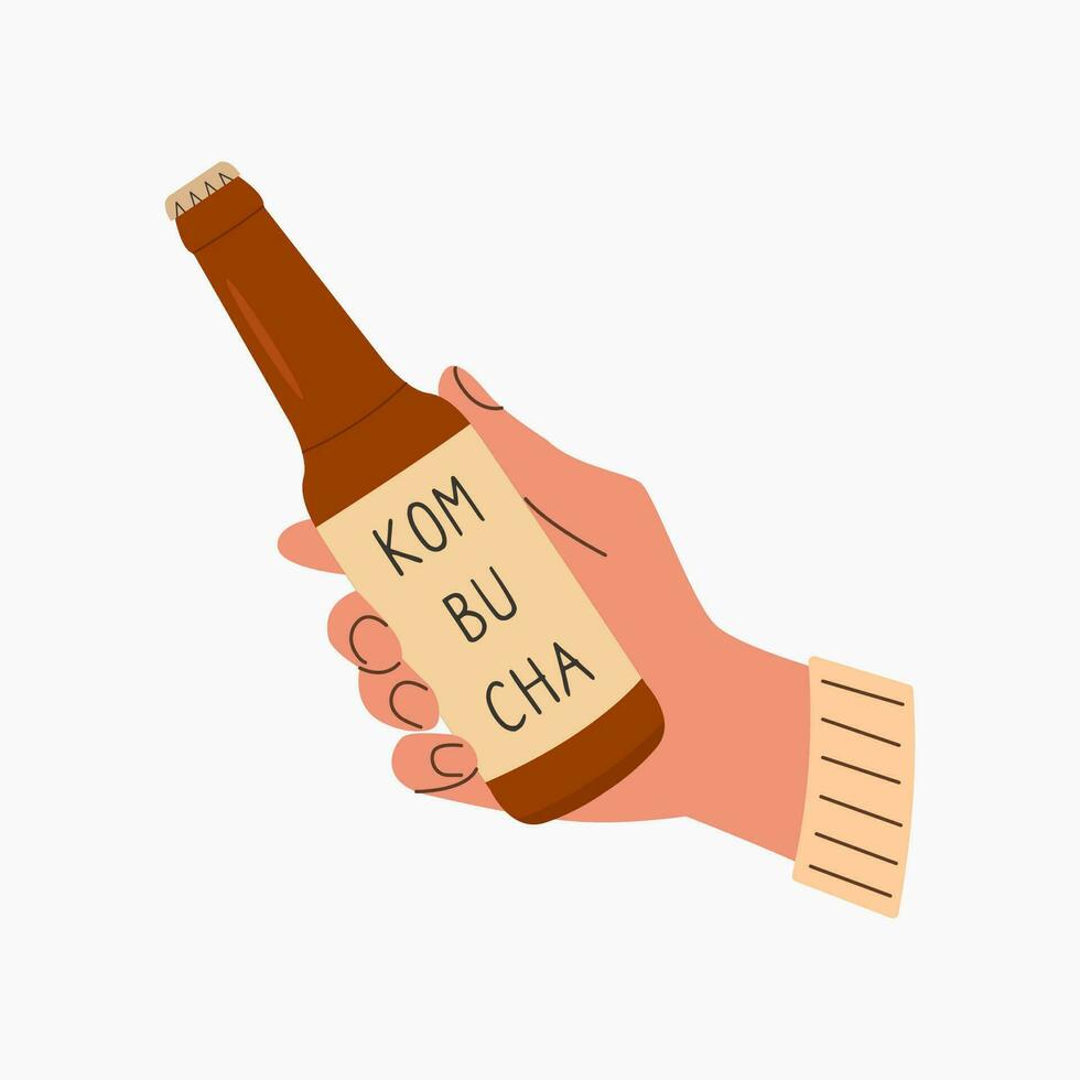 kombucha fermenté boisson dans main. la personne en portant thé champignon verre bouteille avec marque nom. en bonne santé biologique probiotique fait maison boire. plat style vecteur illustration isolé sur blanche.