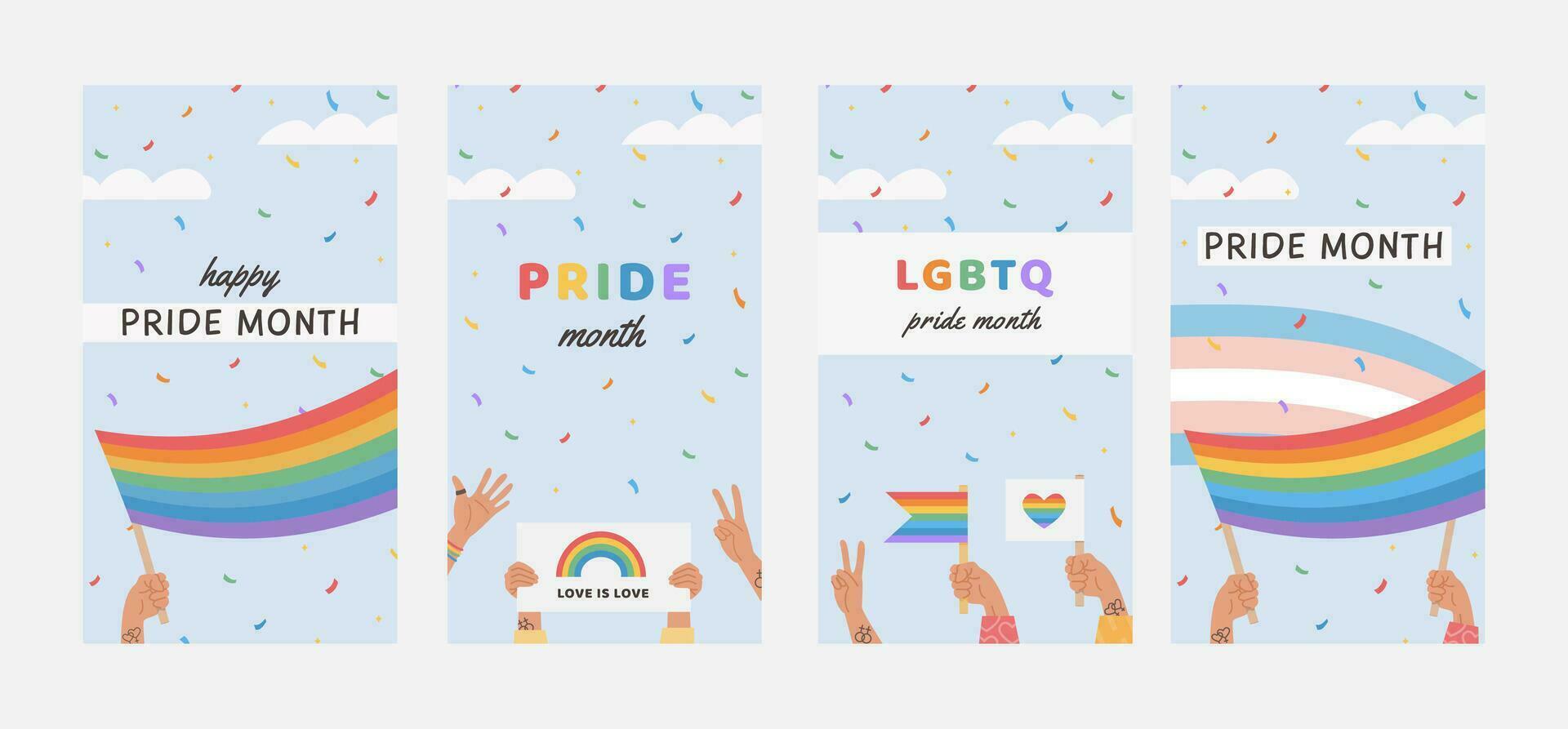 vecteur bannière modèle ensemble avec lgbtq gens en portant drapeaux et pancartes. social médias poste, histoires modèles. verticale affiches avec lgbt arc en ciel drapeau. Contexte pour fierté mois. plat illustrations.