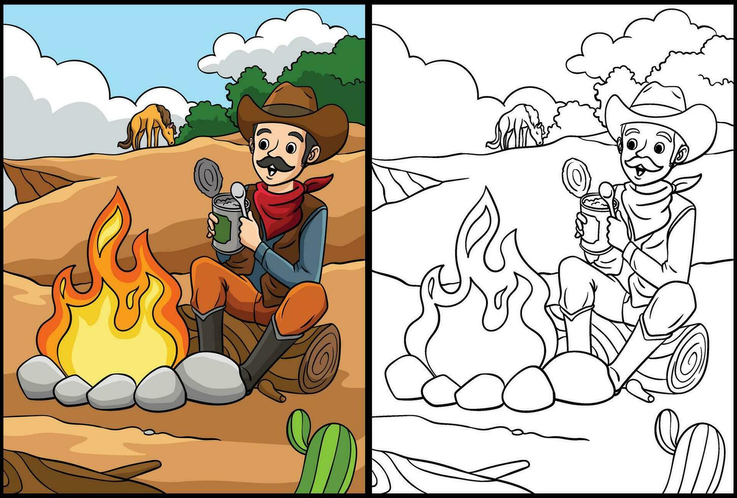 cow-boy feu de camp coloration page coloré illustration vecteur