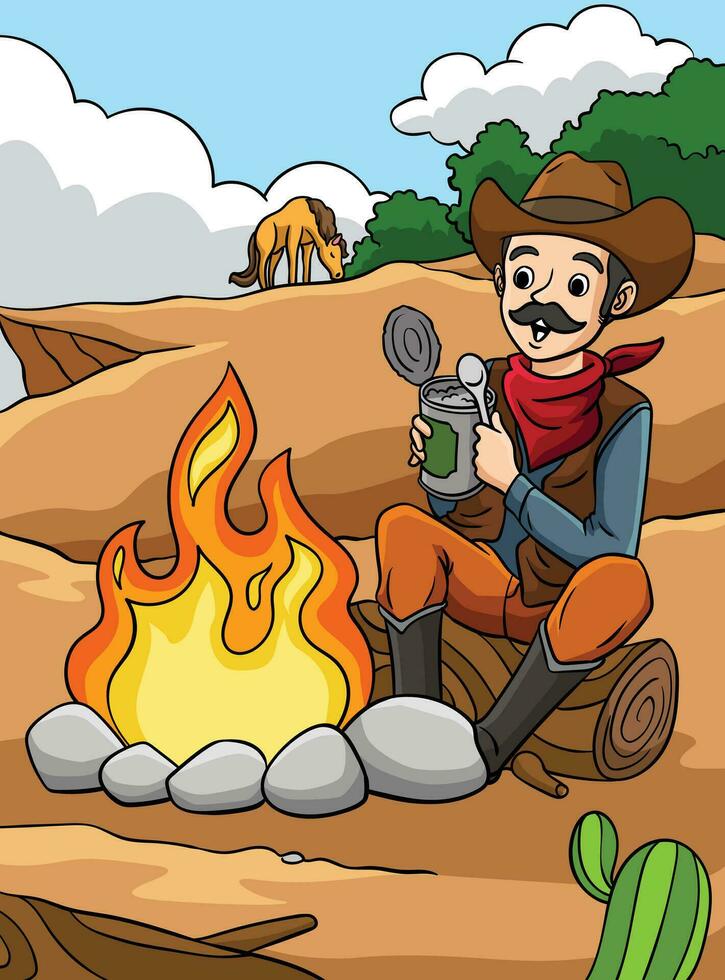 cow-boy feu de camp coloré dessin animé illustration vecteur