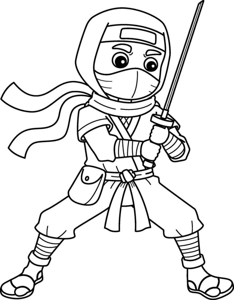 ninja en portant une katana isolé coloration page vecteur