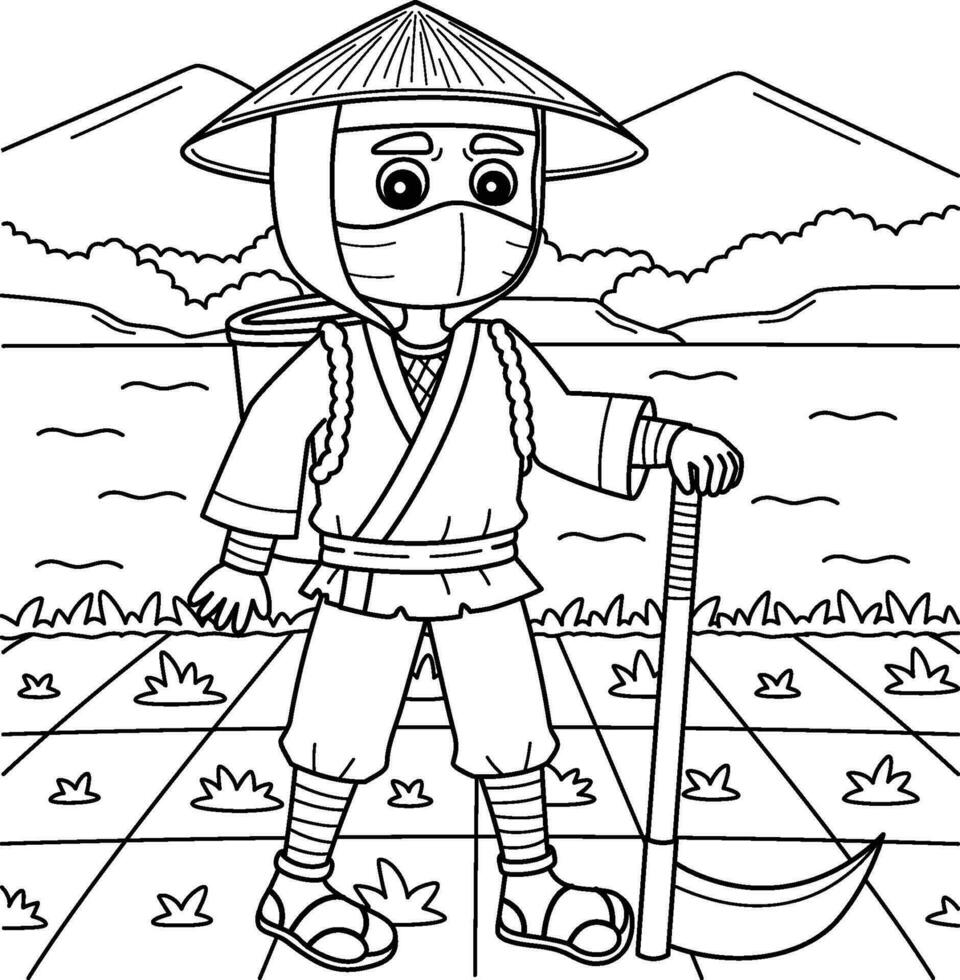ninja déguisement comme une agriculteur coloration page pour des gamins vecteur