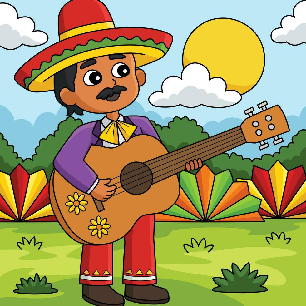 cinco de mayo mexicain garçon avec guitare coloré vecteur