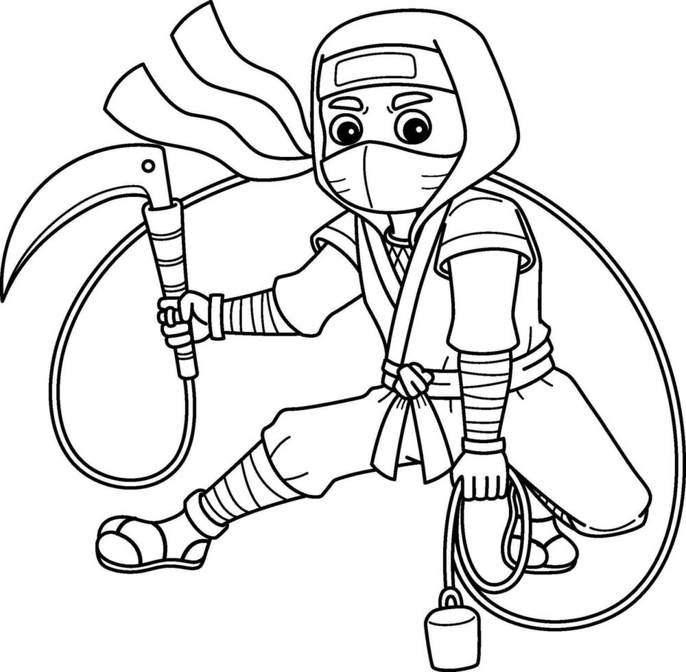 ninja avec une kusarigama isolé coloration page vecteur