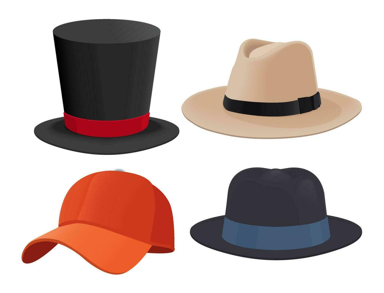 vecteur chapeau collection illustrer, femelle et Masculin couvre-chef, Derby et cow-boy, paille chapeau, casquette, Panama et cylindre.