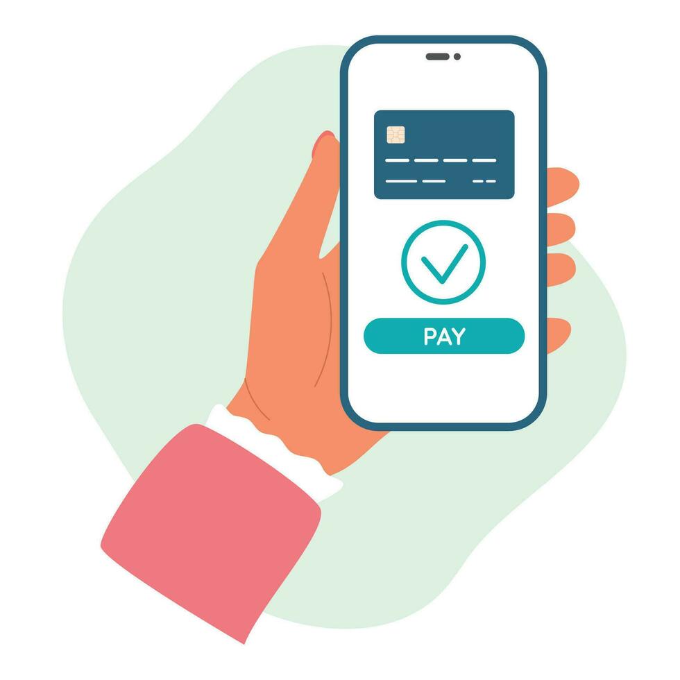 en ligne Paiement via crédit ou débit carte. femelle main détient téléphone intelligent avec approuvé paiement. vecteur