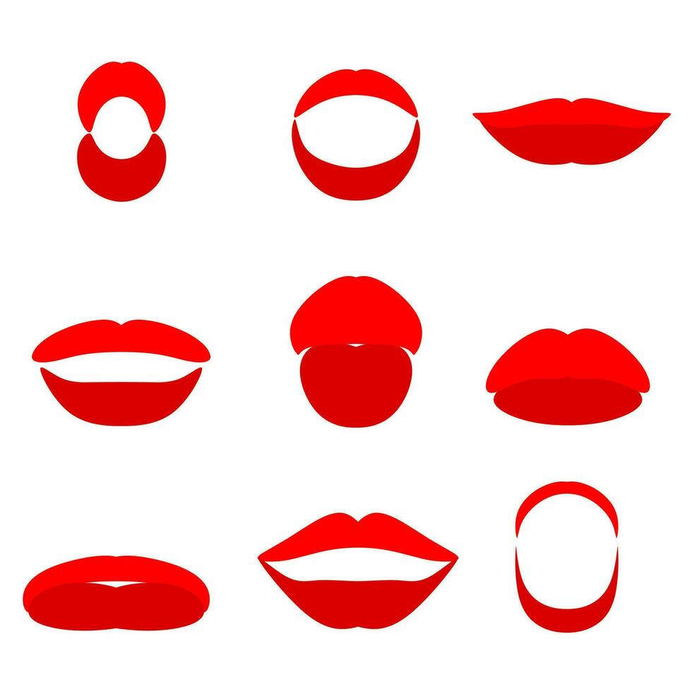 aux femmes rouge lèvres collection. collection de aux femmes sexy lèvres exprimer différent émotions. beauté concept, pop art, tendance Contexte. vecteur illustration