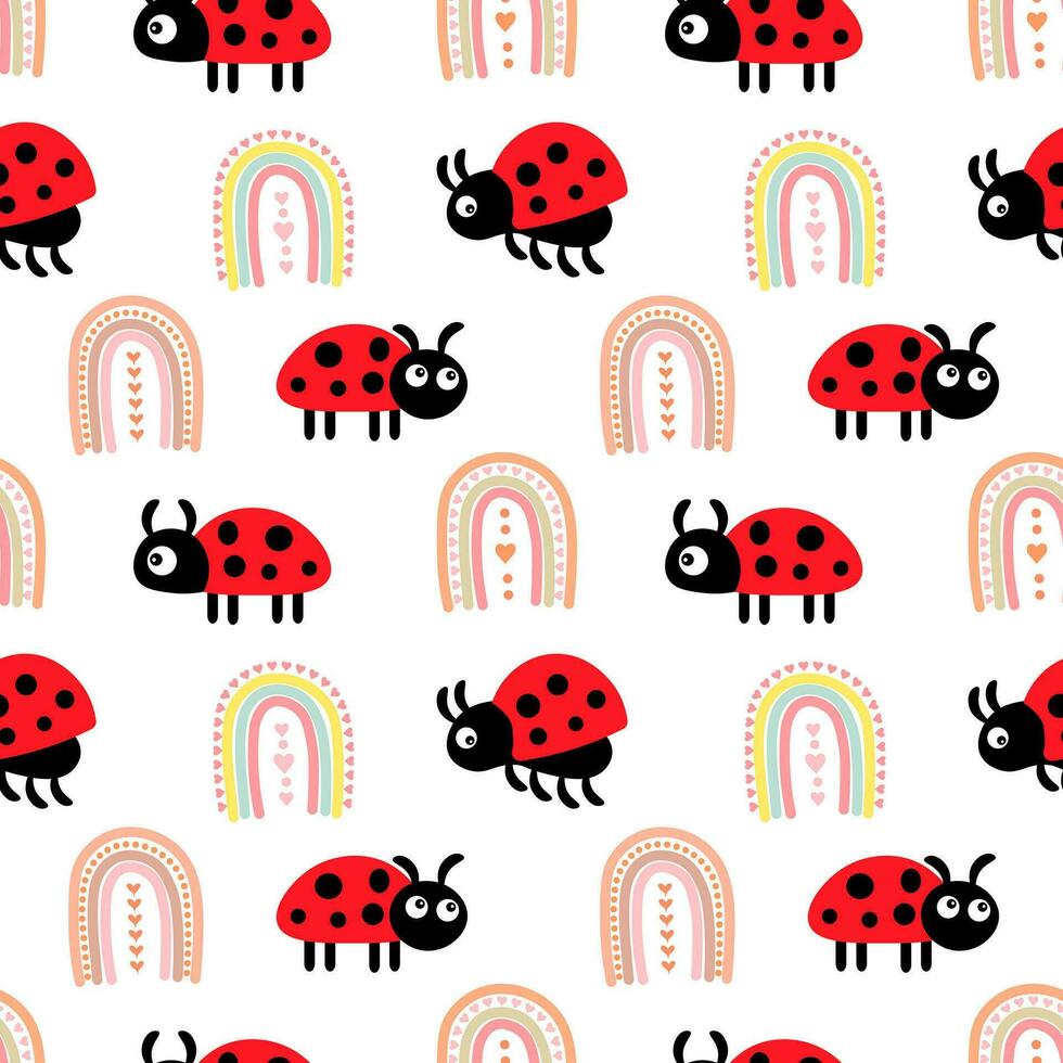 sans couture modèle, mignonne dessin animé coccinelles sur une blanc Contexte. bébé arrière-plan, imprimer, textile, vecteur