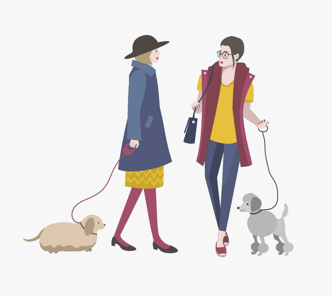 Jeune les filles en marchant avec chiens, coloré plat vecteur illustration.