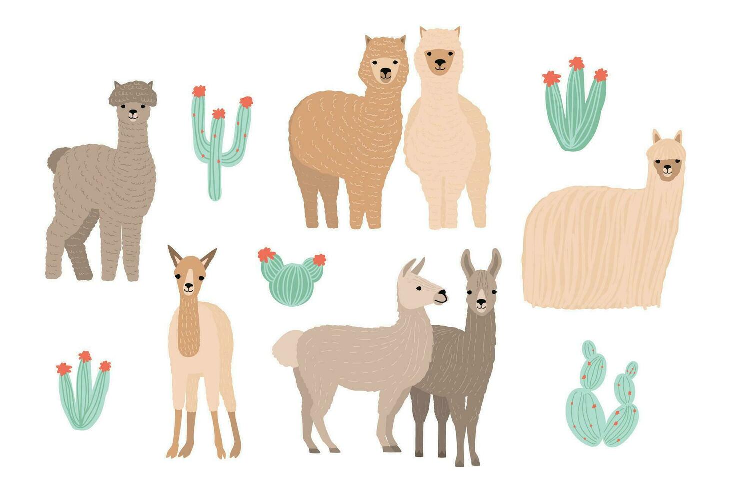 mignonne lama, alpaga et cactus ensemble. main tiré dessin animé coloré vecteur illustration