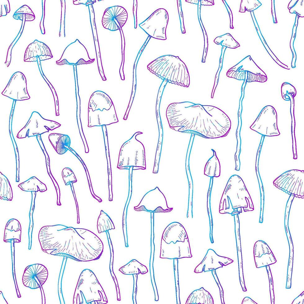 magnifique immangeable, hallucinogène champignon sans couture modèle. main tiré psilocybe. coloré vecteur illustration sur blanc Contexte.