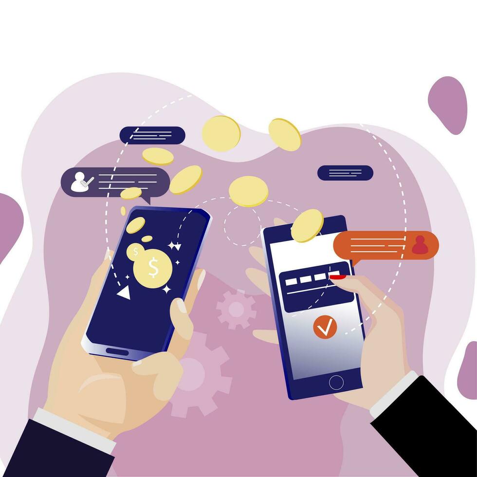 mobile argent transfert avec application. en ligne bancaire, vecteur tenir téléphone transfert payer, facile intelligent et vite Paiement en utilisant gadget illustration, sans contact bancaire payant et recevoir