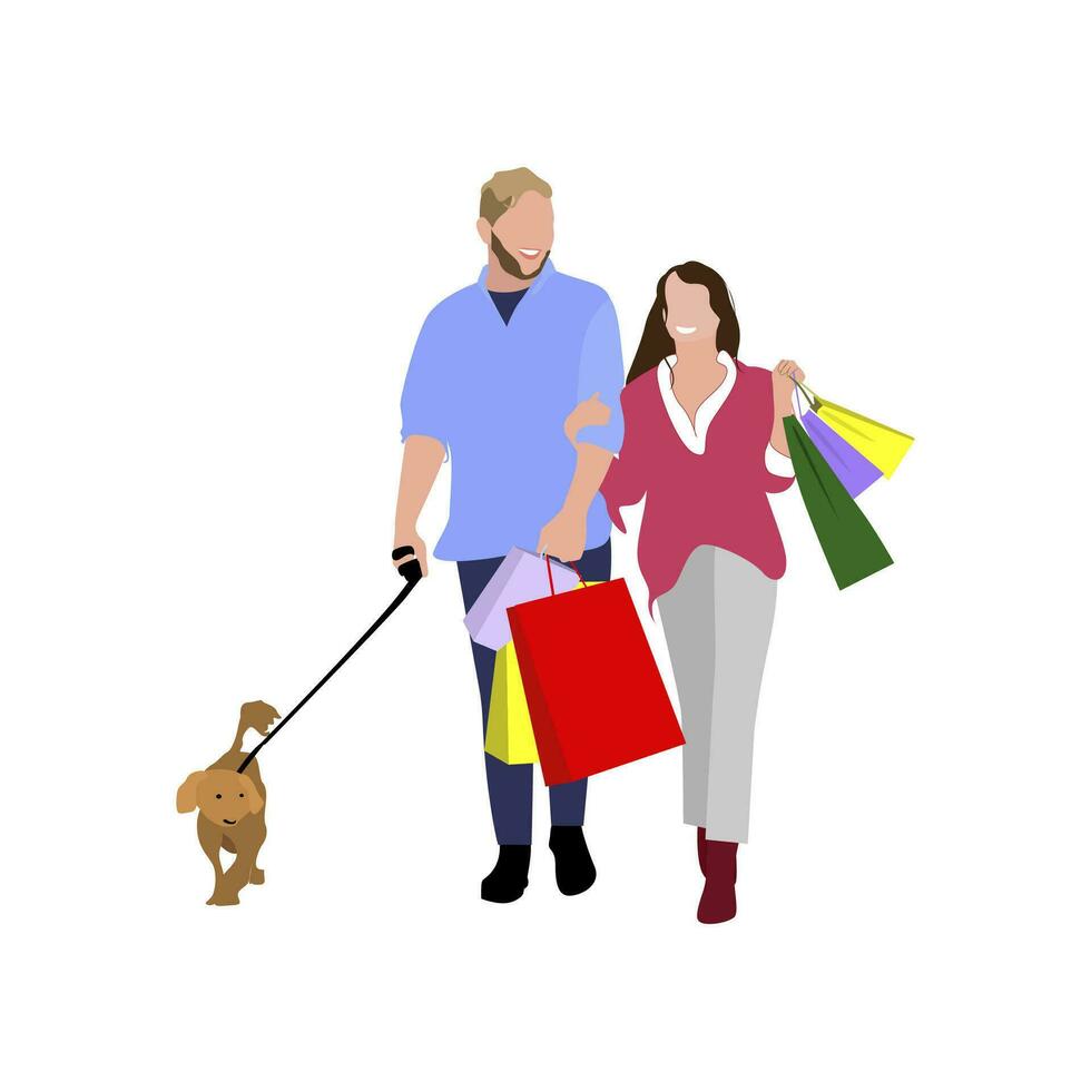 gens homme et femme faire achats. couple avec achats et chien. couple et chien avec achat après achats illustration vecteur