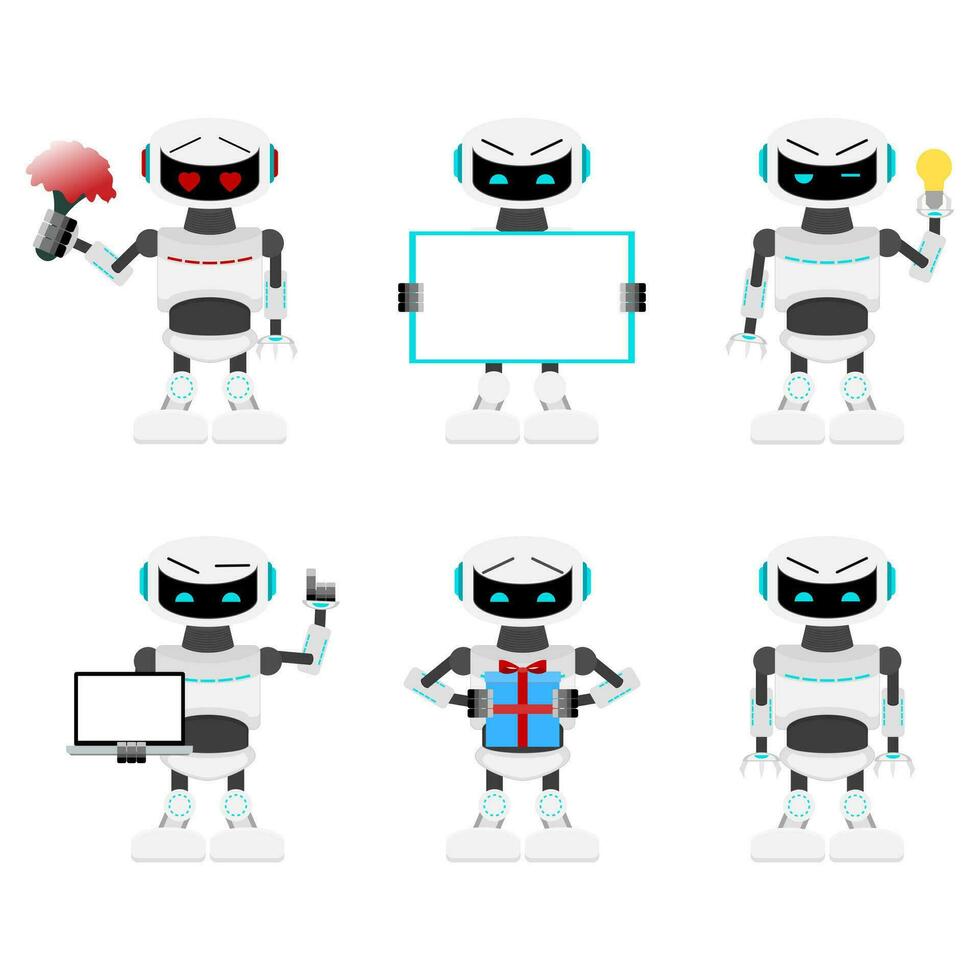 des robots ensemble pose et action. cyborg avec portable ou fleurs, Android mécanique présent cadeau, robotique pose émotion avec idée. vecteur illustration