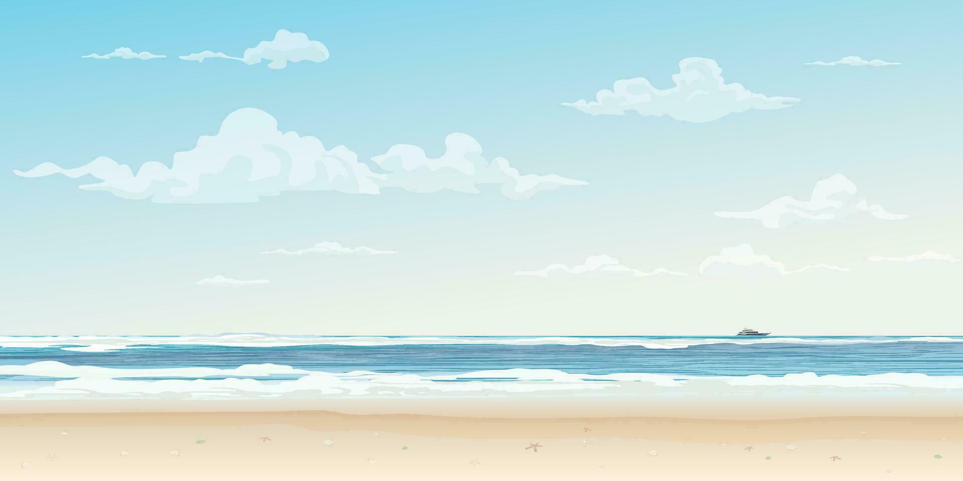 blanc le sable plage et tropical bleu mer vecteur illustration. été concept plat conception avoir Vide espace.