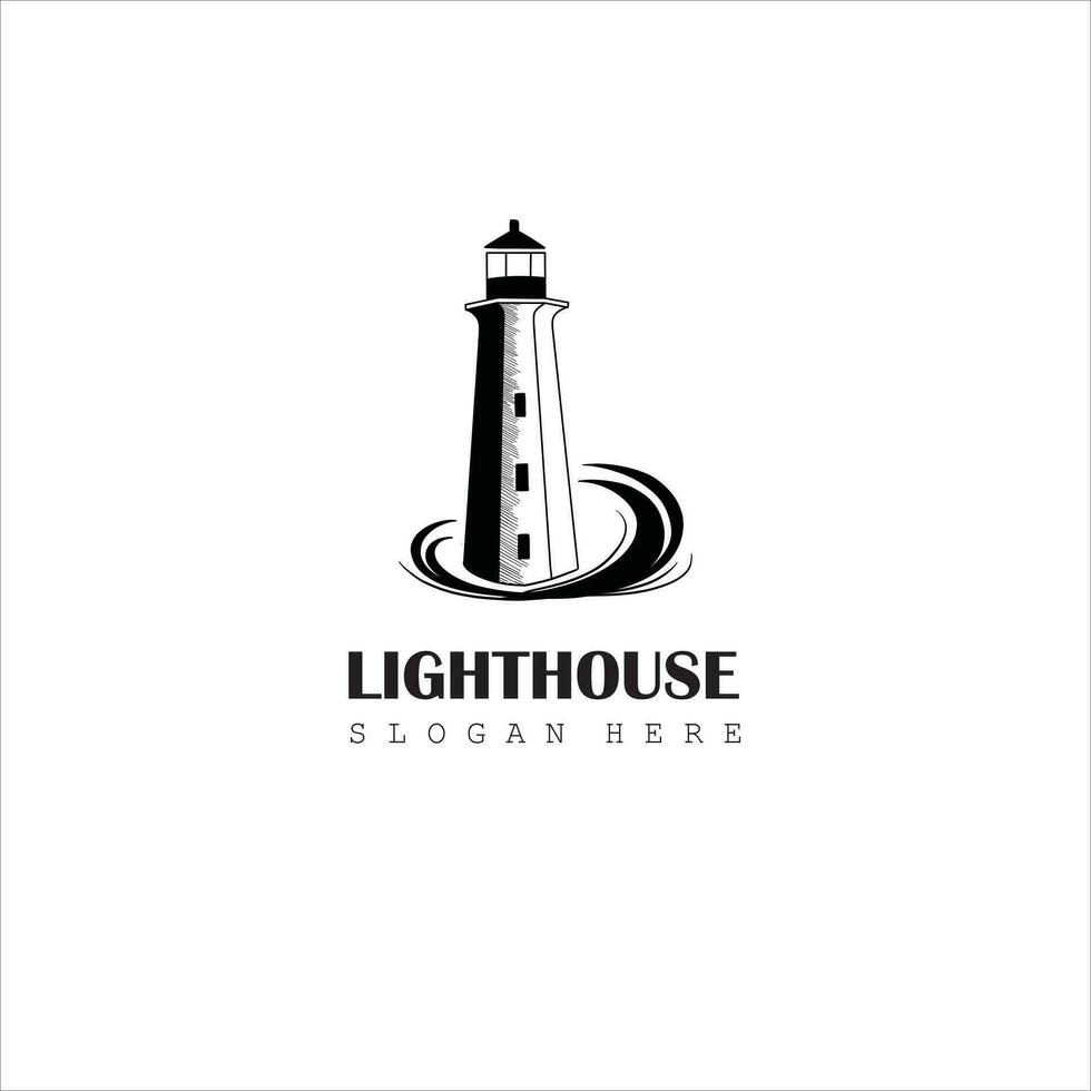 dessiné à la main phare ancien Étiquettes, phare et océan vagues rétro nautique logo vecteur