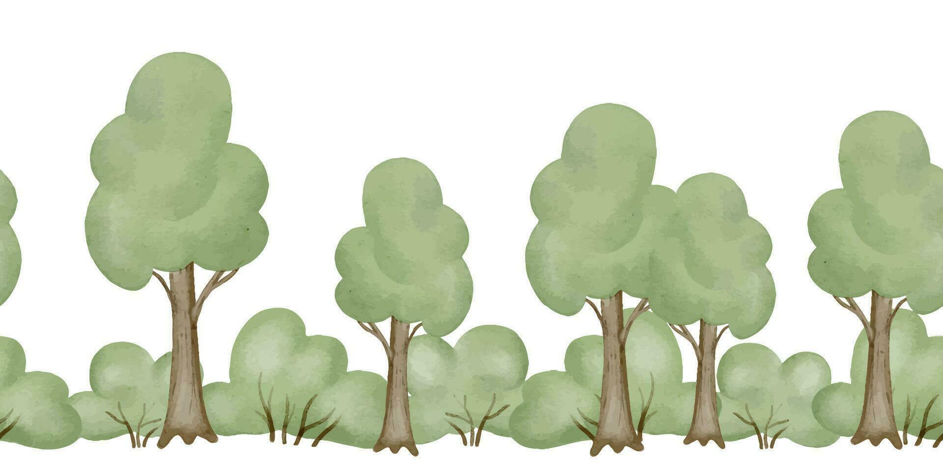 forêt frontière aquarelle illustration. sans couture modèle de des arbres et des buissons. main tiré Cadre modèle sur isolé Contexte. La peinture de bébé dessin animé bois avec arbustes pour fond d'écran et tissus vecteur