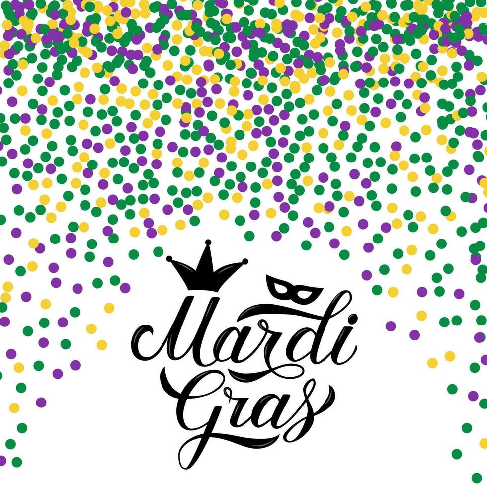 mardi gras calligraphie caractères sur Contexte avec coloré confettis. graisse ou rétrécir Mardi affiche. traditionnel carnaval dans Nouveau Orléans. vecteur modèle pour bannière, prospectus, fête invitation.