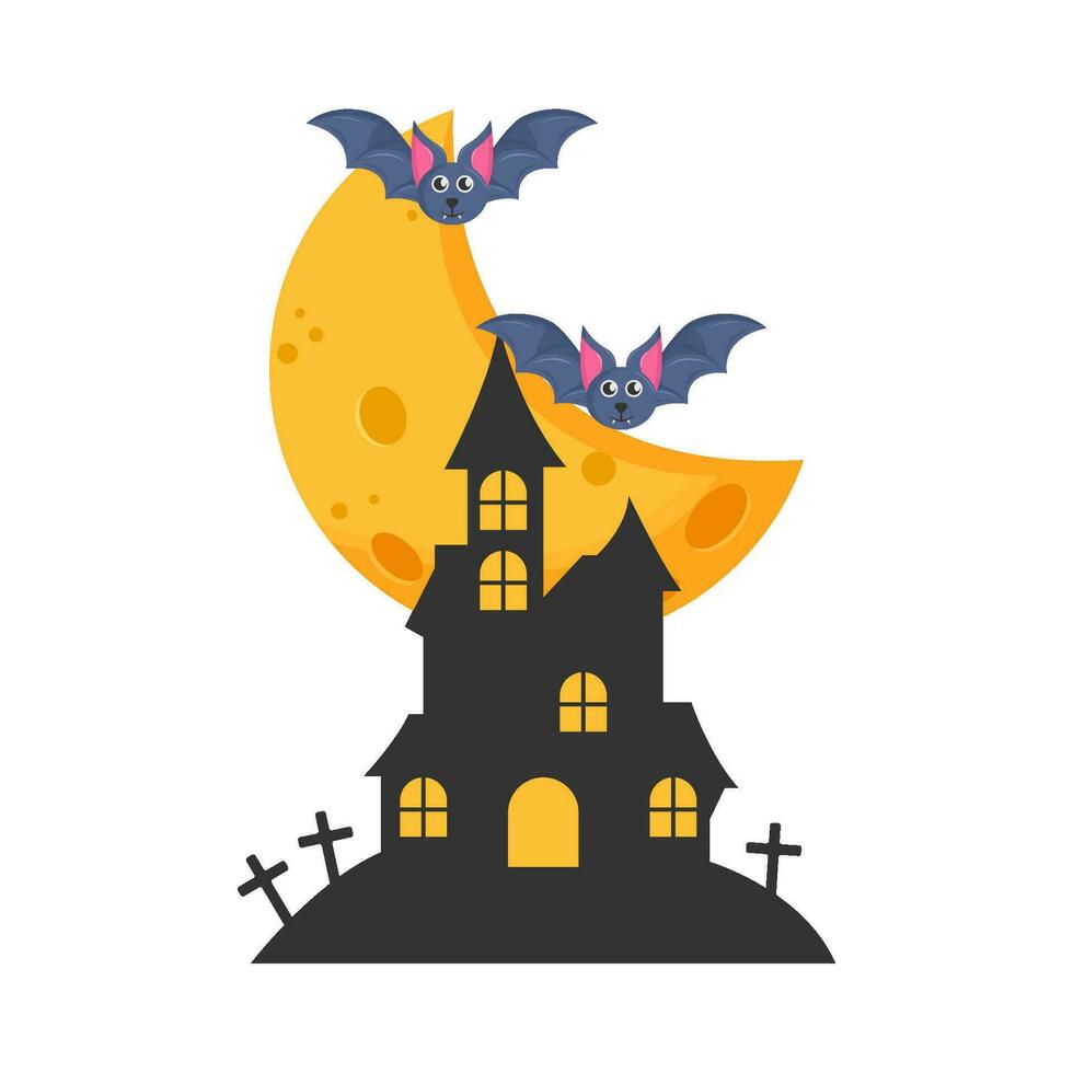 chauve souris voler, lune, palais avec pierre tombale illustration vecteur