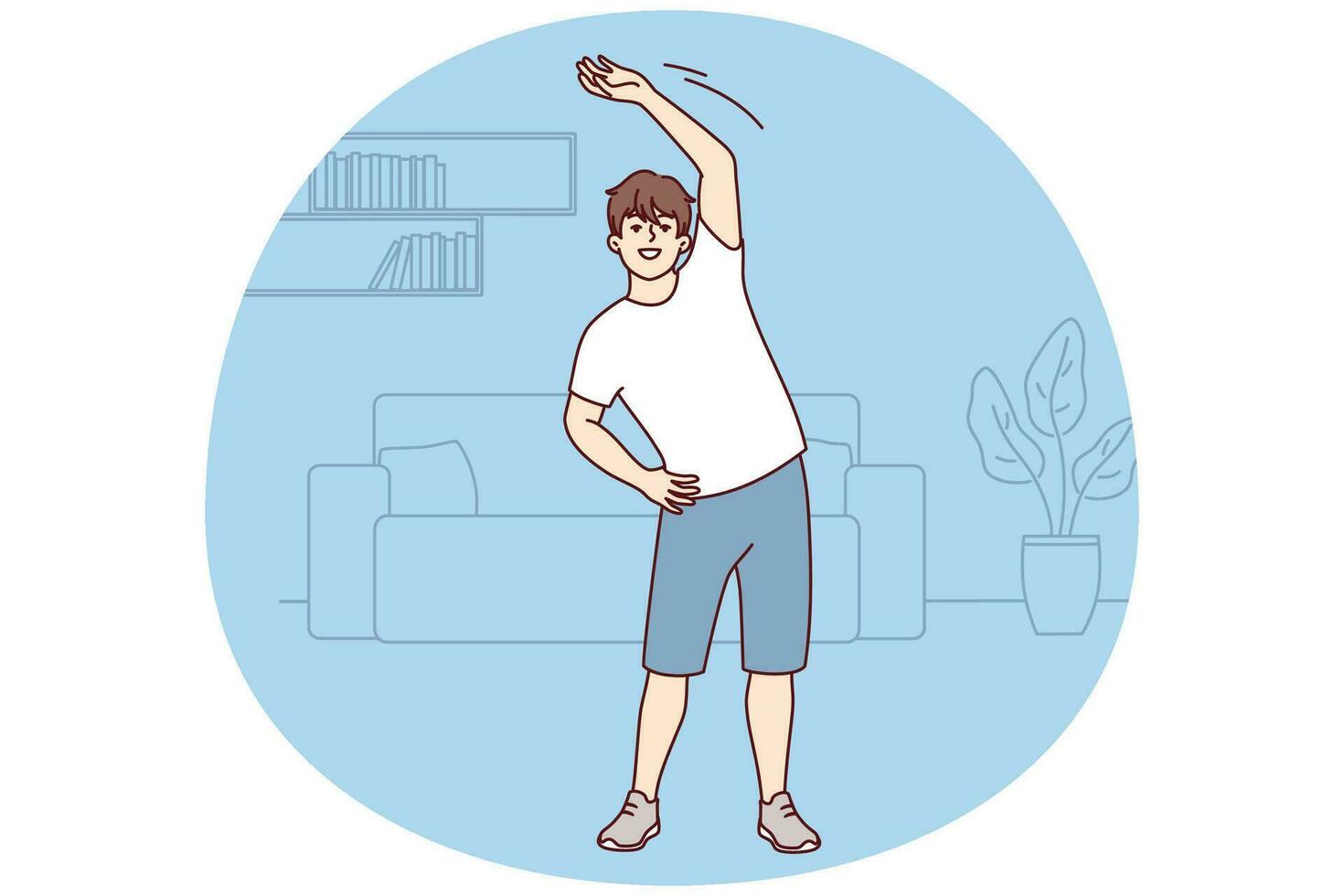 Jeune gars Est-ce que réchauffer tandis que permanent dans Accueil intérieur avant le jogging ou Faire des sports. vecteur image