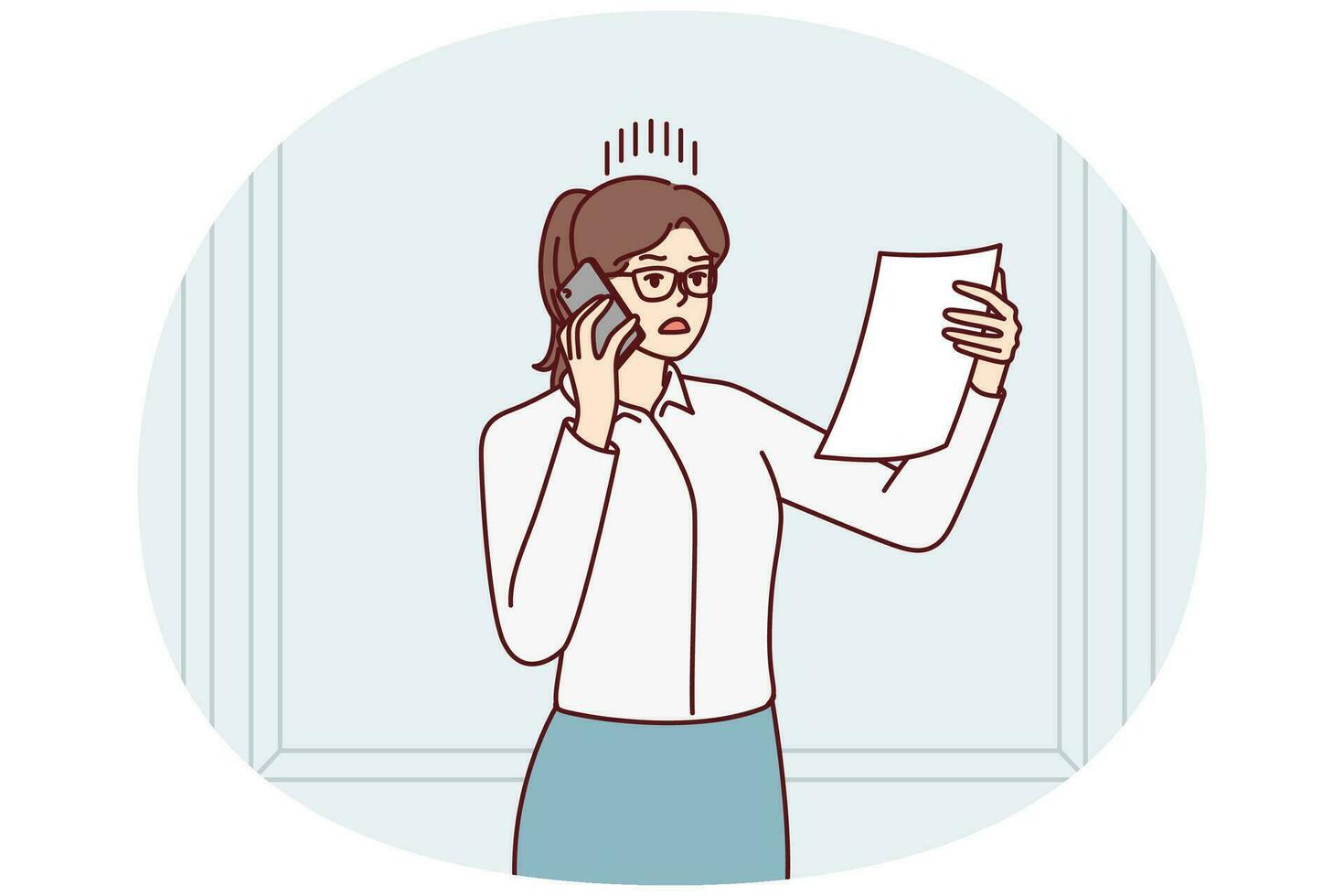 découragé femme dans affaires tenue avec téléphone en train de lire document et nerveux à propos de. vecteur image