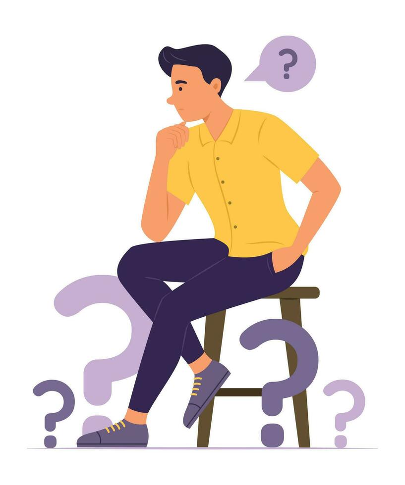 homme séance sur chaise et en pensant de des questions concept illustration vecteur