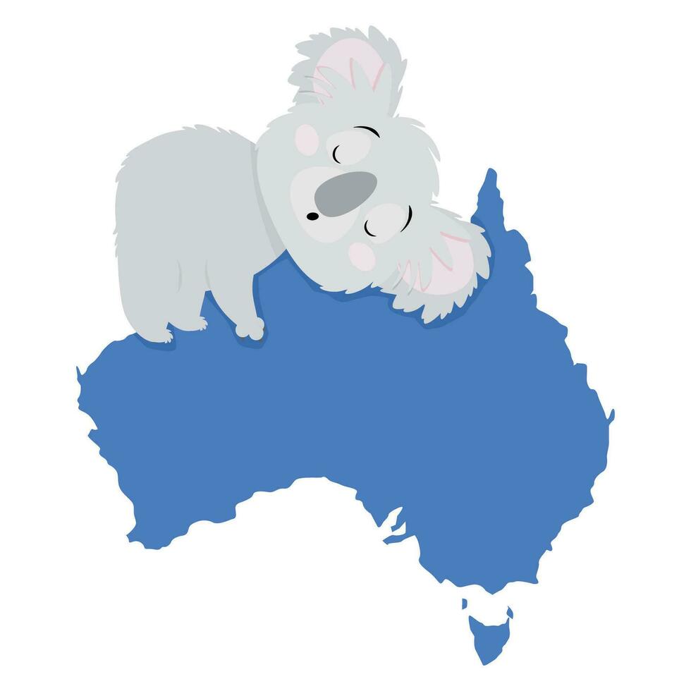 mignonne gris koala en train de dormir sur une grand bleu carte de Australie vecteur