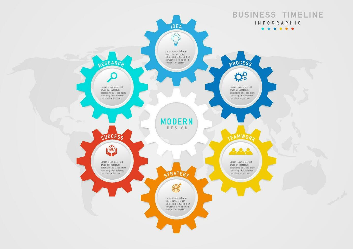 infographie 6 pas à affaires Planification à Succès multicolore hexagones avec boutons dans le milieu de le des lettres et coloré Icônes au-dessus de. blanc hexagone dans le centre de le carte dessous. vecteur