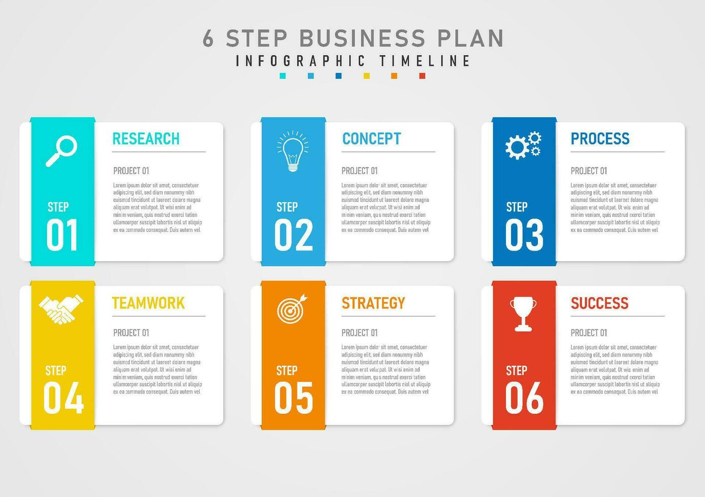 infographie modèle 6 pas affaires plan à Succès blanc carrés des lettres sur le droite le multicolore carré bar sur le la gauche a une blanc icône au dessus il. au dessous de sont Nombres gris pente Contexte vecteur