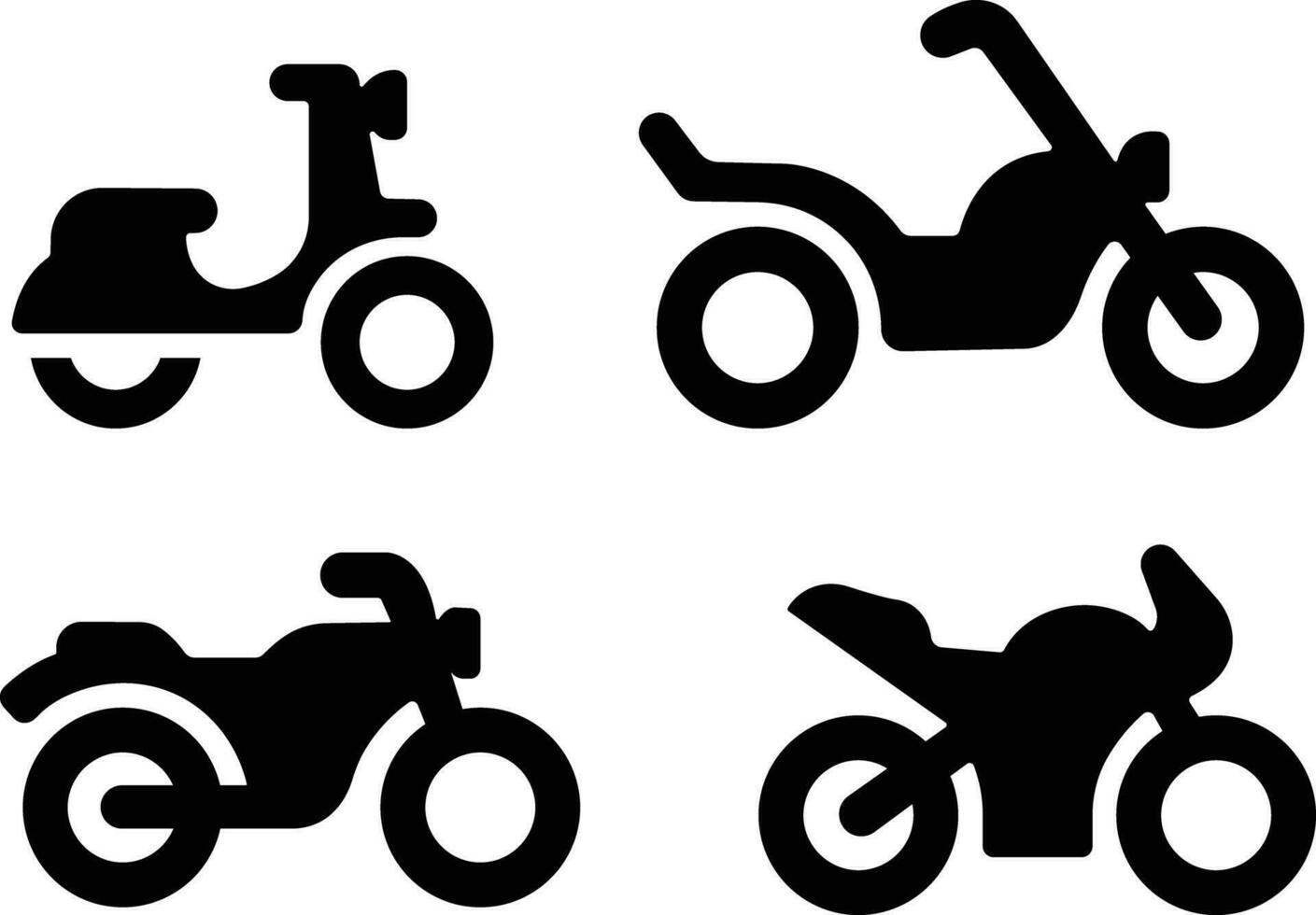 moto et moto icône dans plat ensemble isolé sur côté vue de tout gentil de moto de vélomoteur, scooter, roadster, des sports, croiseur, et hachoir. vecteur pour applications, la toile