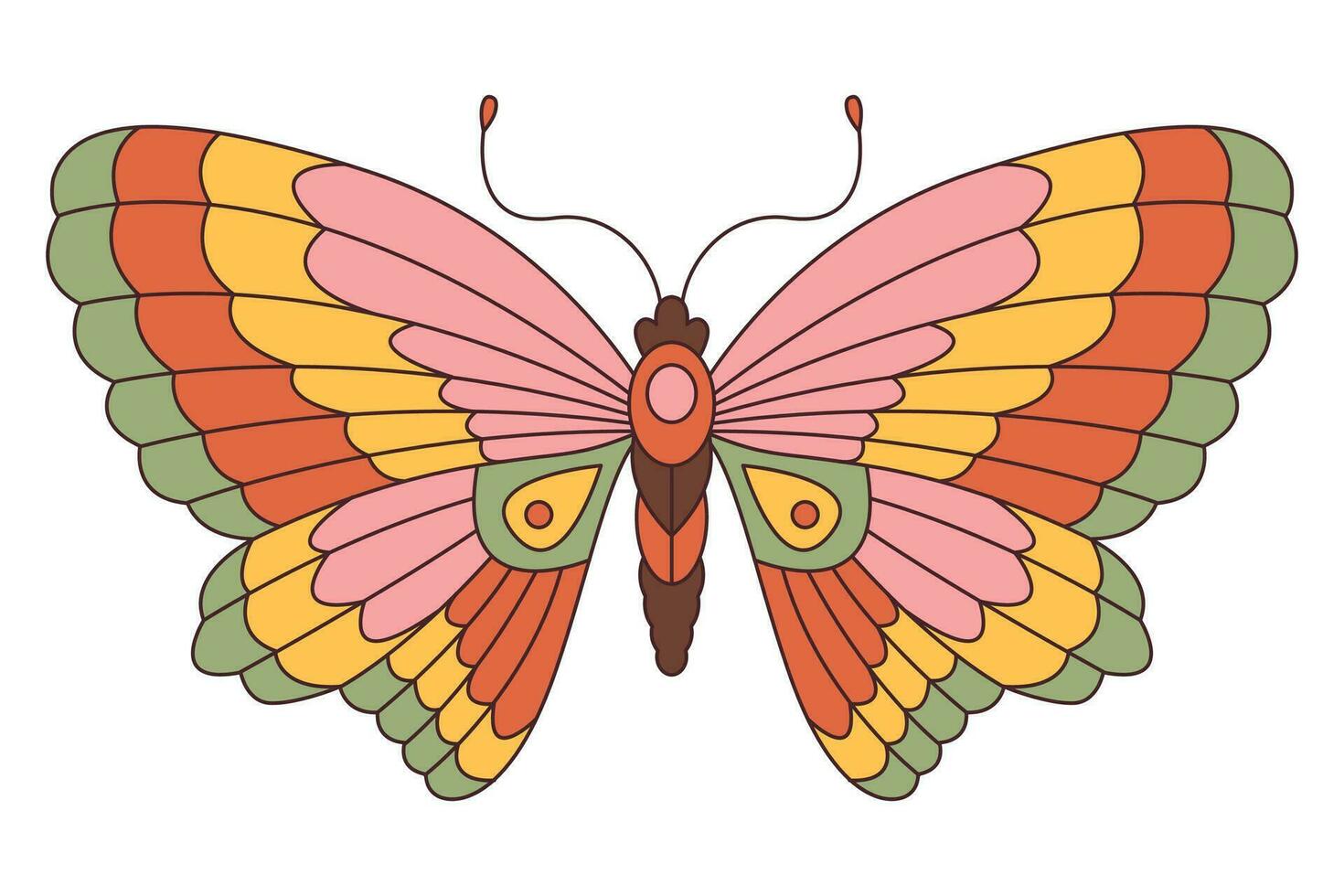 sensationnel papillon. hippie Années 60 Années 70 rétro style. jaune, rose vert couleurs. vecteur