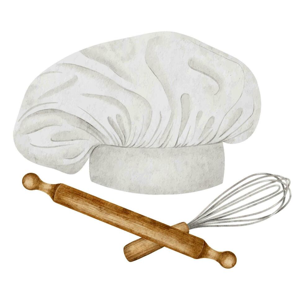 chef chapeau avec et cuisine ustensiles. en bois fouet et roulant broche. aquarelle illustration. isolé. culinaire clipart pour nourriture les blogs, conception de Étiquettes, emballage de bien, cartes, élément pour livre de recettes vecteur