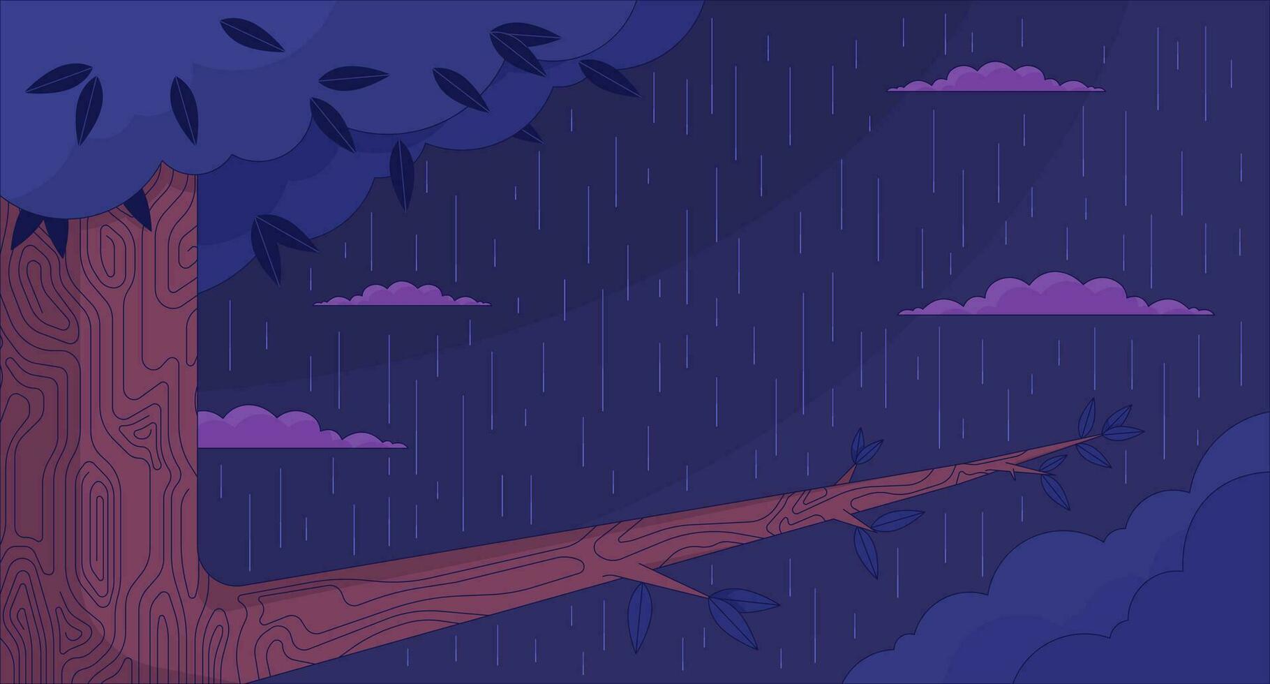 chêne arbre branche sur pluie forêt nuit 2d dessin animé Contexte. l'automne la nuit pluvieux temps coloré esthétique vecteur illustration, personne. des bois pluviométrie plat ligne fond d'écran art, lofi image